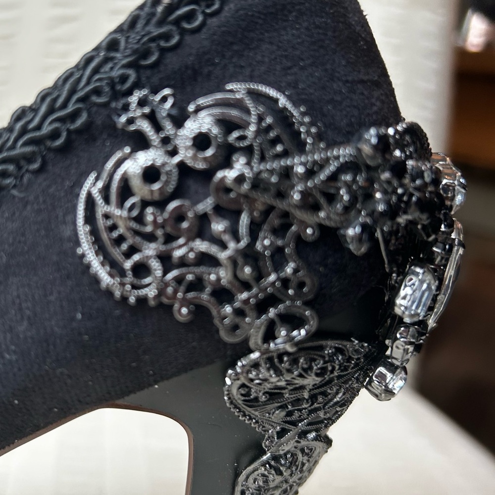 Hades Black Heels with lace trim, metallic & rhinestone Embellishments. - Picture 8 of 11